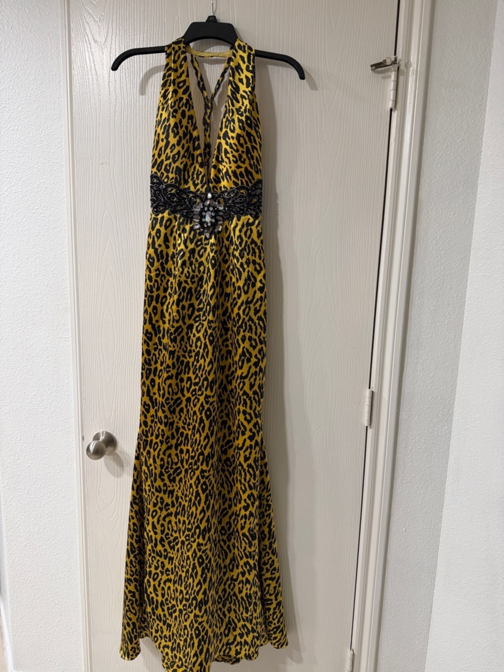 Cassandra Stone Yellow Evening Dress with Black Embellished Waist